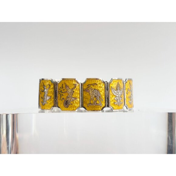 Guillioche Yellow Siam Sterling Silver Paneled Thai 1930's 925 Vintage Bracelet - Picture 12 of 16